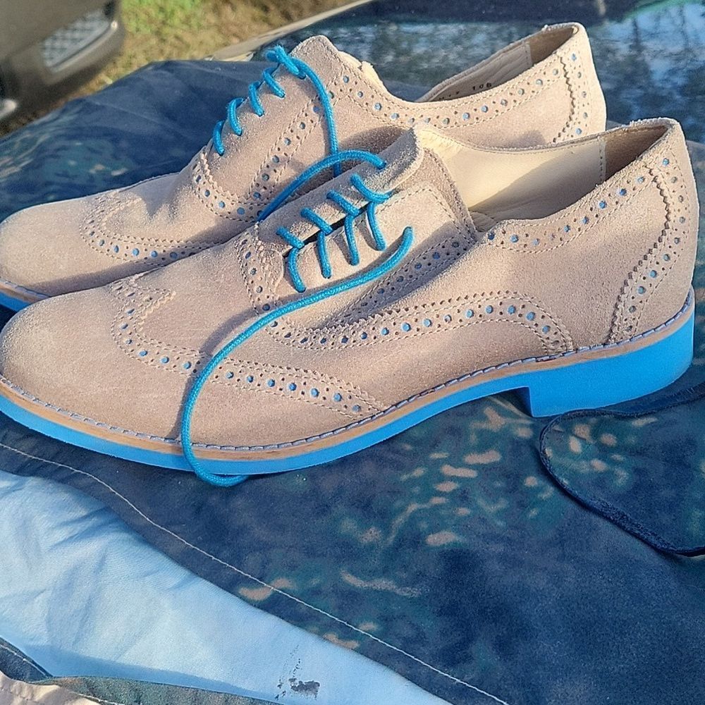 Cole Haan Beige Suede Brogue Flats with Bright Blue Laces - Picture 2 of 5